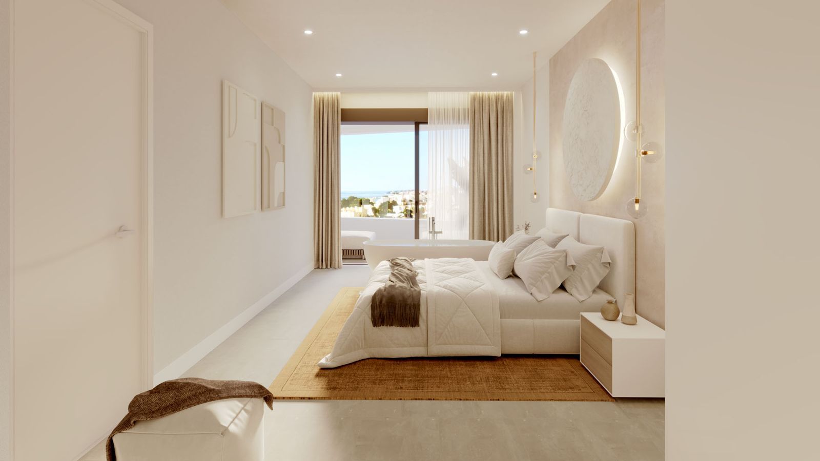 Luxe slaapkamer met ligbad en oceaanzicht in Korall Residences.